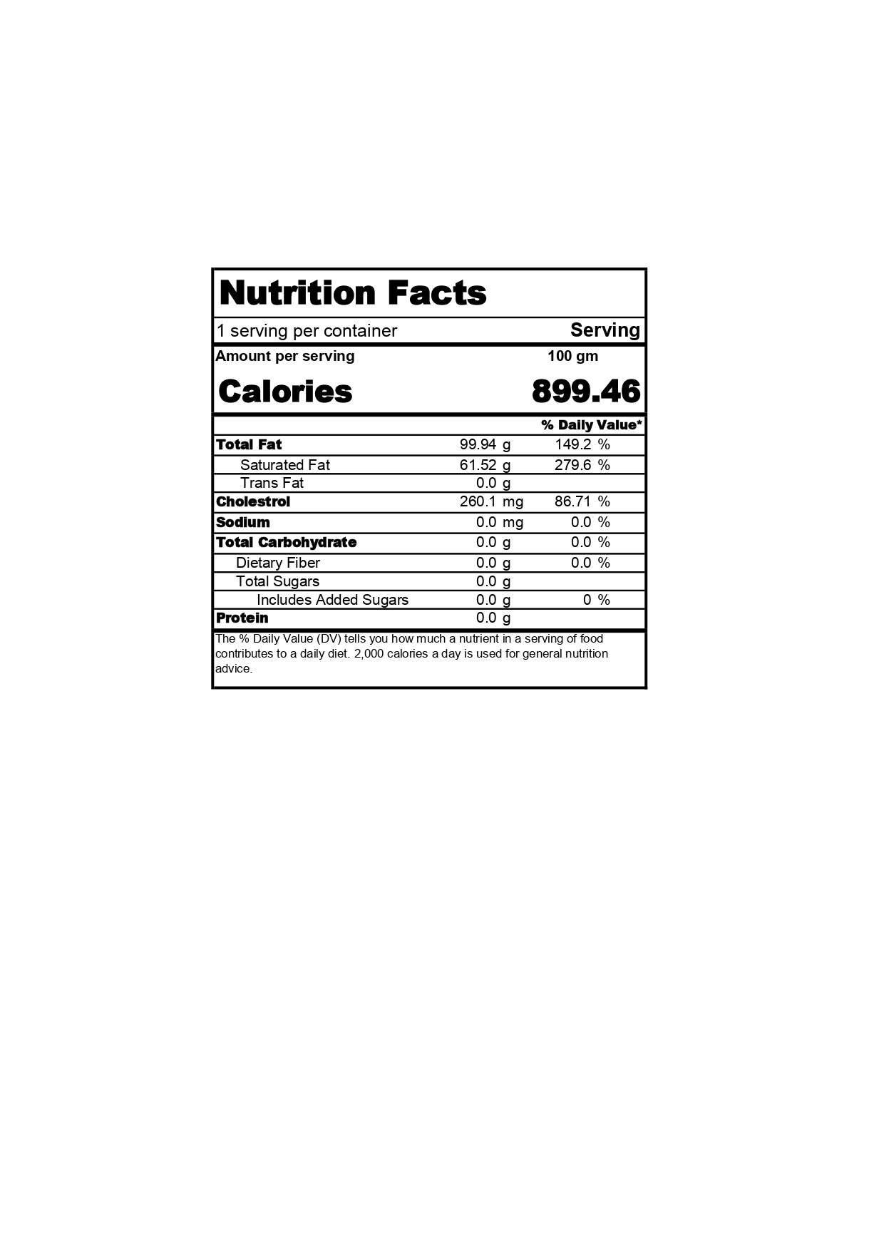 Nutrition Facts Label Cow Ghee