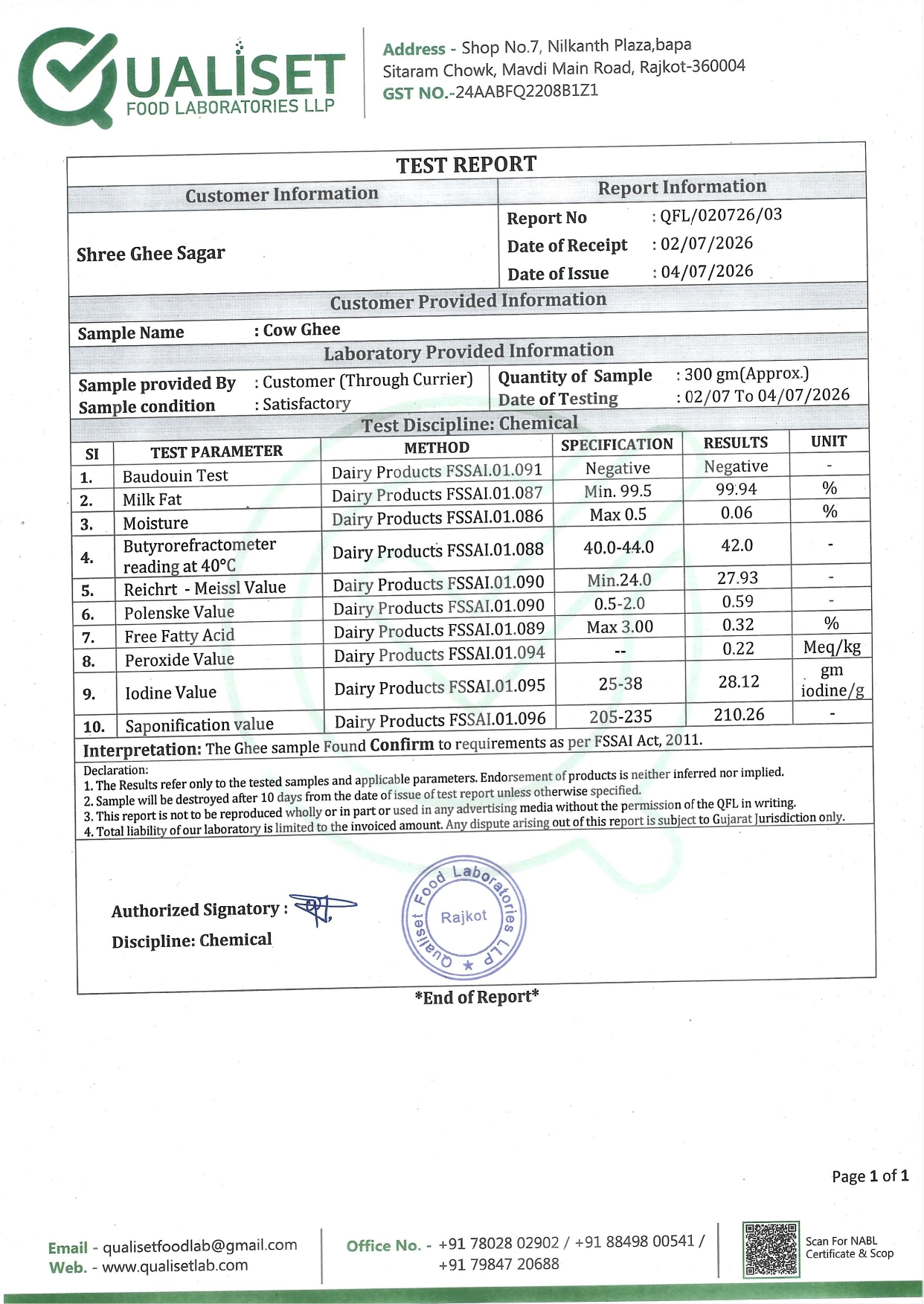 Quality Report Cow Ghee